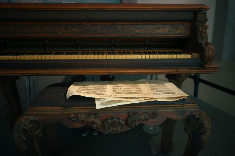 Old sheet music on a wooden surface